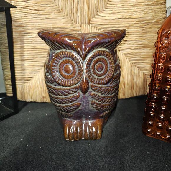 Owl Vase Flower Pot Ceramic 8"×5" Iridescent Brown Embossed Vietnam Desk - Picture 1 of 7